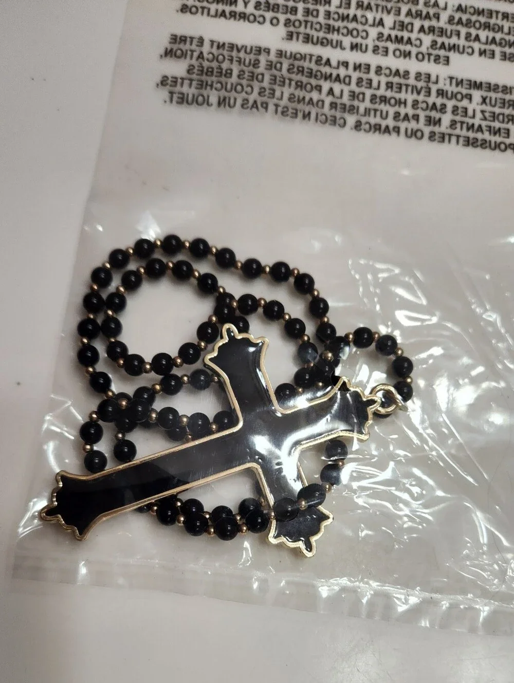 Black Beaded Ball Chain Necklace with Large Cross Pendant – 24